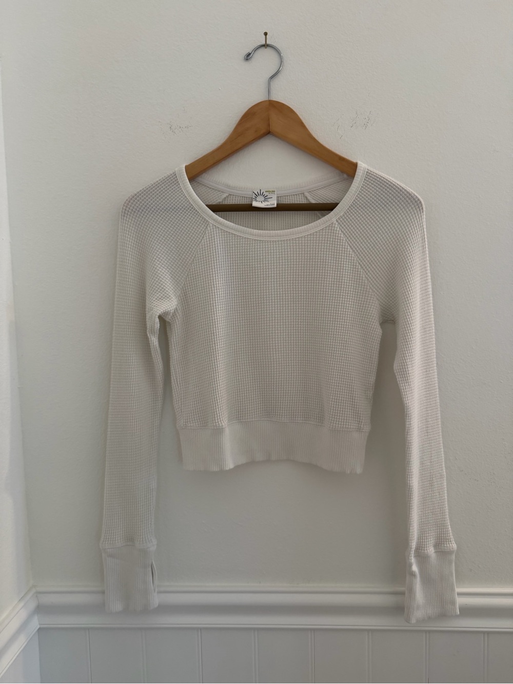 OFFLINE by Aerie Womens S White Waffle Knit Crop Top Long Sleeve Thumbholes